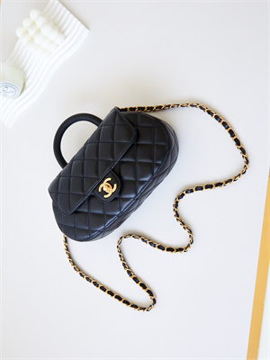 Cha.nel Flap Bag With Top Handle Lambskin Gold Tone Metal Black AS4569