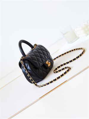 Cha.nel Small Flap Bag With Top Handle Lambskin Gold Tone Metal Black AS4573