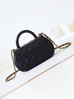 Cha.nel Small Flap Bag With Top Handle Lambskin Gold Tone Metal Black AS4573