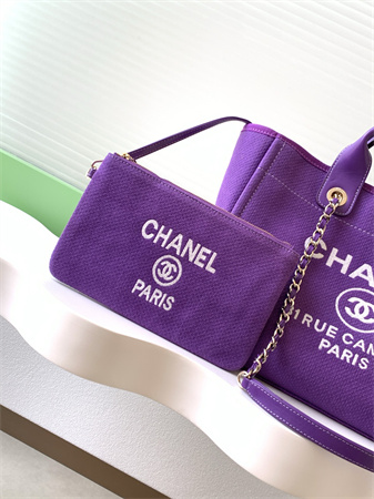 Ch*el deauville small shopping bag mixed fibers gold tone metal purple as3257