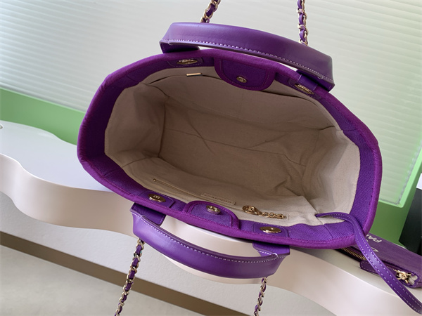 Ch*el deauville small shopping bag mixed fibers gold tone metal purple as3257