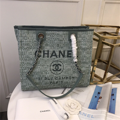 Cha.nel Deauville MM Shopping Bag Mixed Fibers Silver Tone Metal Green A67001