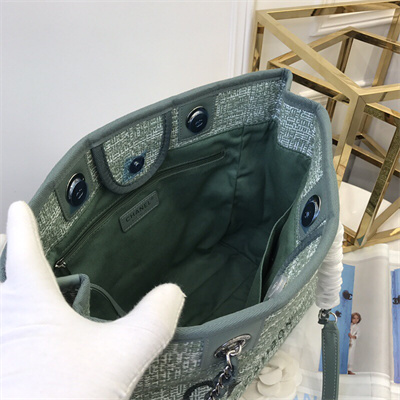 Cha.nel Deauville MM Shopping Bag Mixed Fibers Silver Tone Metal Green A67001