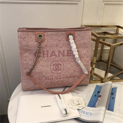 Cha.nel Deauville MM Shopping Bag Mixed Fibers Silver Tone Metal Pink A67001