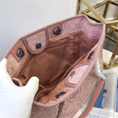 Cha.nel Deauville MM Shopping Bag Mixed Fibers Silver Tone Metal Pink A67001