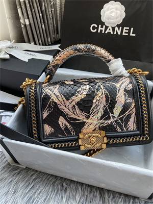 Cha.nel Medium Leboy Bag With Top Handle Python Leather Gold Metal A94804