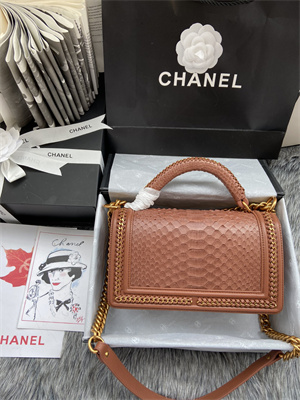 Cha.nel Medium Leboy Bag With Top Handle Python Leather Gold Metal A94804