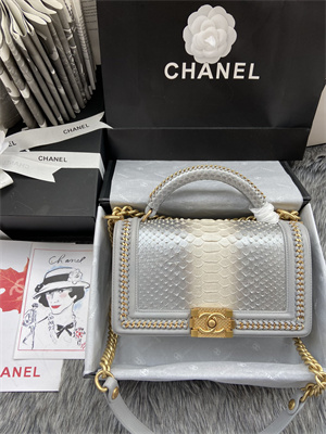 Cha.nel Medium Leboy Bag With Top Handle Python Leather Gold Metal A94804