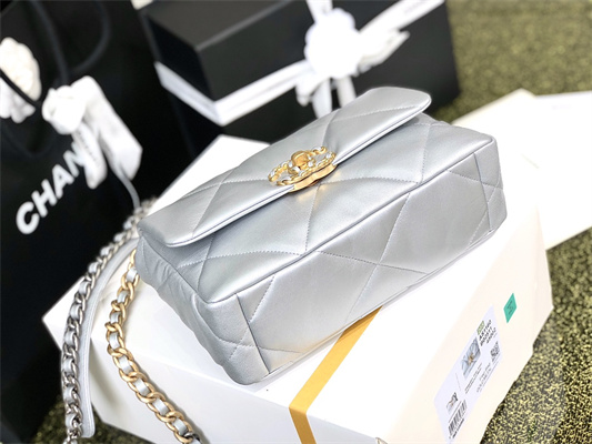 Cha.nel 19 Handbag Goatskin Gold Double C Metal Silver AS1160