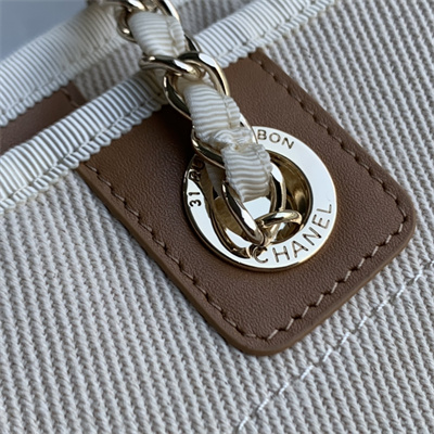 Cha.nel Deauville MM Shopping Bag Bead Mixed Fibers Gold Tone Metal Cream A67001