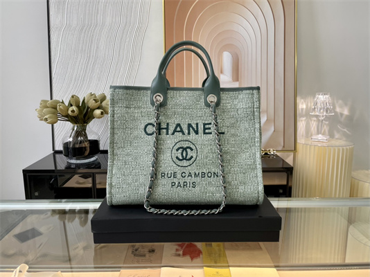 Cha.nel Deauville Large Shopping Bag Mixed Fibers Silver Tone Metal Lt Green A66941