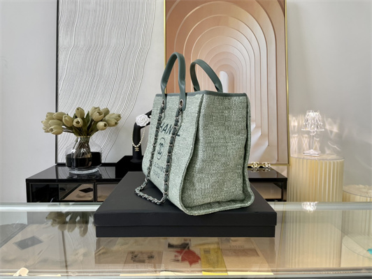 Cha.nel Deauville Large Shopping Bag Mixed Fibers Silver Tone Metal Lt Green A66941