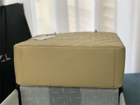 Cha.nel Shopping Bag Grained Calfskin Gold Tone Metal Beige A50995