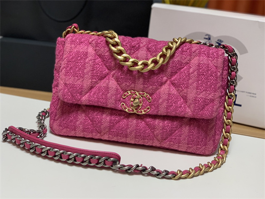 Cha.nel 19 Large Handbag Wool Tweed Gold Double C Metal Fuchsia AS1161