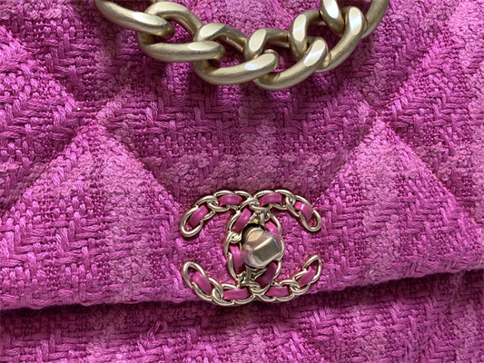Cha.nel 19 Large Handbag Wool Tweed Gold Double C Metal Fuchsia AS1161