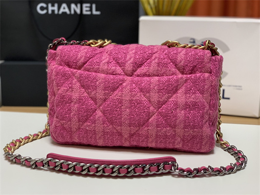 Cha.nel 19 Large Handbag Wool Tweed Gold Double C Metal Fuchsia AS1161