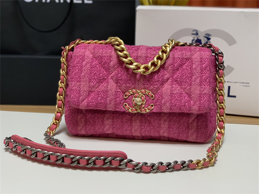 Ch*el 19 handbag wool tweed gold double c metal fuchsia as1160