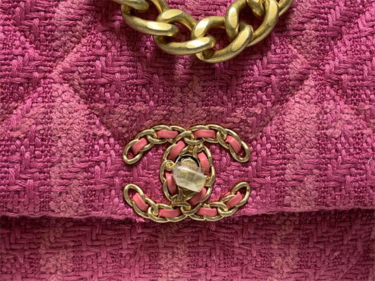 Ch*el 19 handbag wool tweed gold double c metal fuchsia as1160