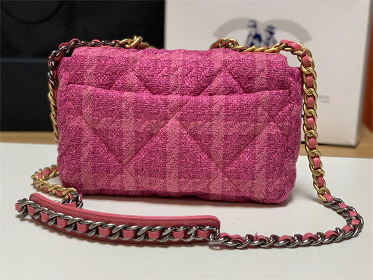 Ch*el 19 handbag wool tweed gold double c metal fuchsia as1160