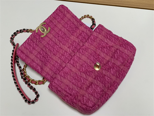 Ch*el 19 handbag wool tweed gold double c metal fuchsia as1160