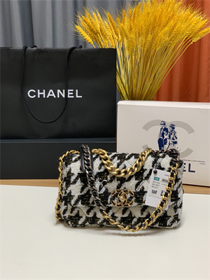 Ch*el 19 handbag wool tweed gold double c metal black/white as1160
