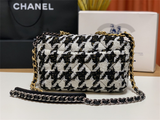 Ch*el 19 handbag wool tweed gold double c metal black/white as1160