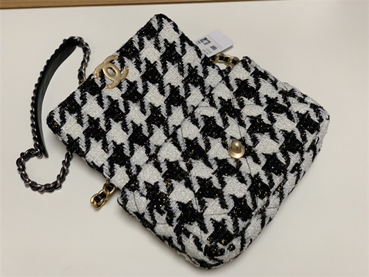 Ch*el 19 handbag wool tweed gold double c metal black/white as1160