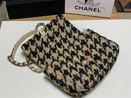 Cha.nel 19 Large Handbag Wool Tweed Gold Double C Metal Black/Beige AS1161