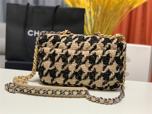 Ch*el 19 handbag wool tweed gold double c metal black/beige as1160