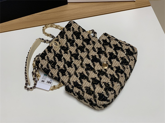 Ch*el 19 handbag wool tweed gold double c metal black/beige as1160