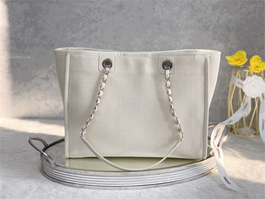 Cha.nel Deauville MM Shopping Bag Mixed Fibers Silver Tone Metal Cream A67001