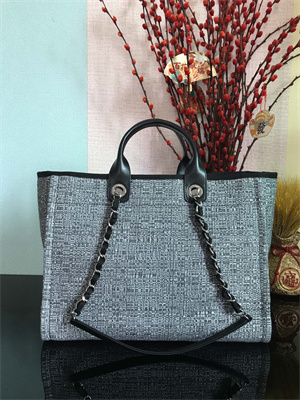 Cha.nel Deauville Large Shopping Bag Mixed Fibers Gold Tone Metal Black A66941