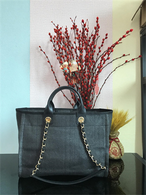 Cha.nel Deauville Large Shopping Bag Mixed Fibers Gold Tone Metal Black A66941