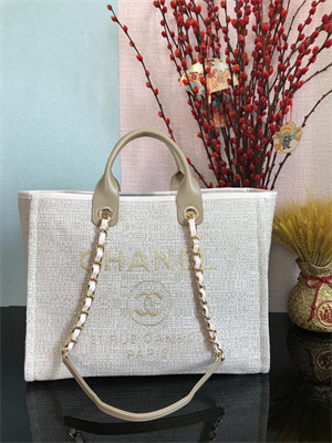 Cha.nel Deauville Large Shopping Bag Mixed Fibers Gold Tone Metal Beige A66941