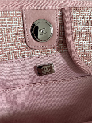 Cha.nel Deauville Large Shopping Bag Mixed Fibers Silver Tone Metal Pink A66941