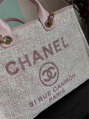 Cha.nel Deauville Large Shopping Bag Mixed Fibers Gold Tone Metal Pink A66941