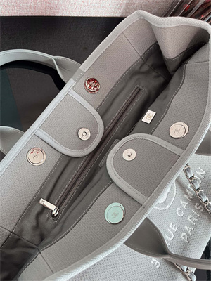 Cha.nel Deauville Large Shopping Bag Mixed Fibers Silver Tone Metal Grey Blue A66941