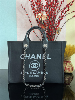 Cha.nel Deauville Large Shopping Bag Mixed Fibers Silver Tone Metal Black A66941