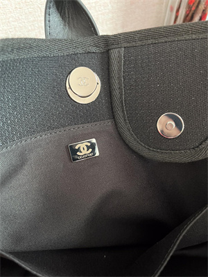 Cha.nel Deauville Large Shopping Bag Mixed Fibers Silver Tone Metal Black A66941