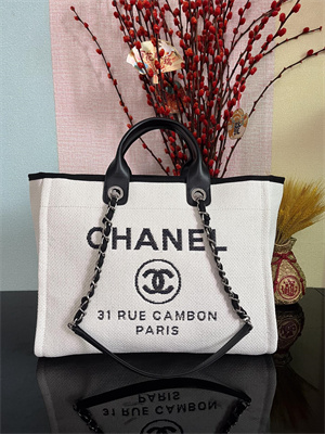 Cha.nel Deauville Large Shopping Bag Mixed Fibers Silver Tone Metal Cream A66941