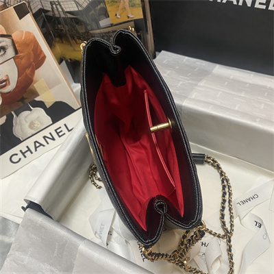 Cha.nel Shopping Bag Grained Calfskin Gold Tone Metal Black A33200