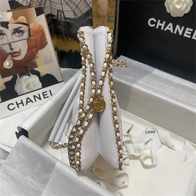 Cha.nel Shopping Bag Grained Calfskin Gold Tone Metal White A33200