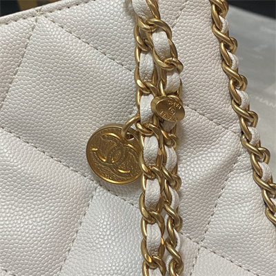 Cha.nel Shopping Bag Grained Calfskin Gold Tone Metal White A33200