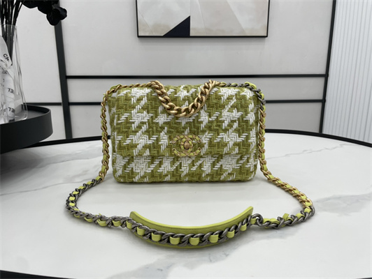 Ch*el 19 handbag wool tweed gold double c metal green/white as1160