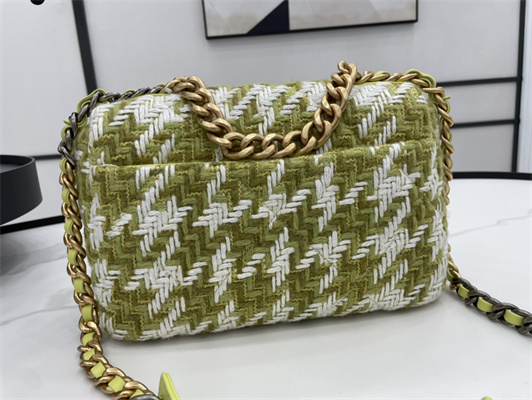 Ch*el 19 handbag wool tweed gold double c metal green/white as1160