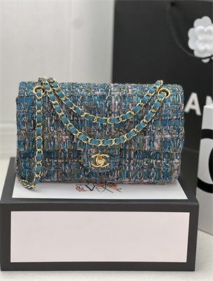 Cha.nel Medium Classic Flap Bag Tweed Gold Tone Metal Blue A01112
