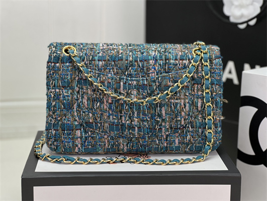 Cha.nel Medium Classic Flap Bag Tweed Gold Tone Metal Blue A01112