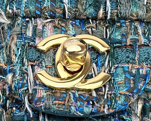 Cha.nel Medium Classic Flap Bag Tweed Gold Tone Metal Blue A01112