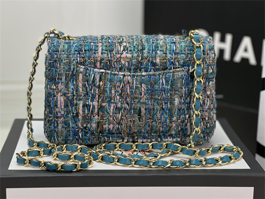 Cha.nel Mini Classic Flap Bag Tweed Gold Tone Metal Blue A01116