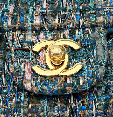 Cha.nel Mini Classic Flap Bag Tweed Gold Tone Metal Blue A01116